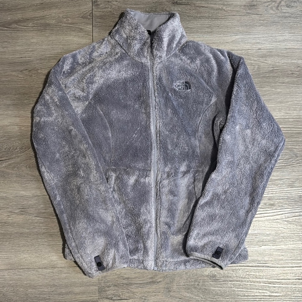 The North Face Gray Teddy Jacket with Full Zip and Stand-Up Collar